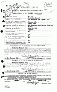 My grandfather's enlistment form from when he joined the Canadian Army, January 3, 1916.