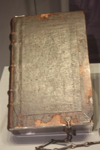 A King James Bible from 1611. The chain was to keep it attached to the lectern. In 1538 King Henry VIII ordered all English churches to have a Bible on display for members of the public to come in and read.