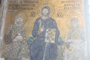 Eleventh century mosaic panel featuring Christ on the throne in the middle between Emperor Constantine IX  (on the left) with his wife Zoe. 