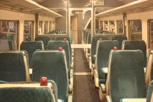 Inside a standard British Rail coach from the 1970s - basically the same type still in use.